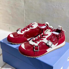 复古德训鞋女2025年新款拼色阿甘鞋平底舒适运动系带红色休闲鞋女