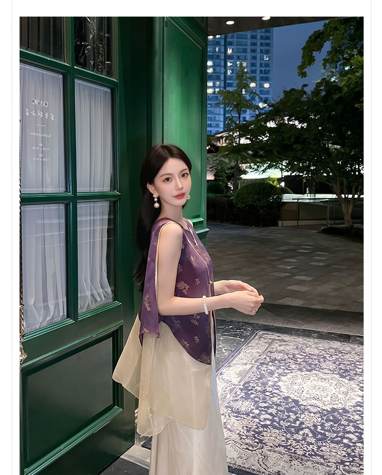 Áo gile nữ phong cách quốc phong phối ren hoa văn vải satin — màu tím chi tiết 10