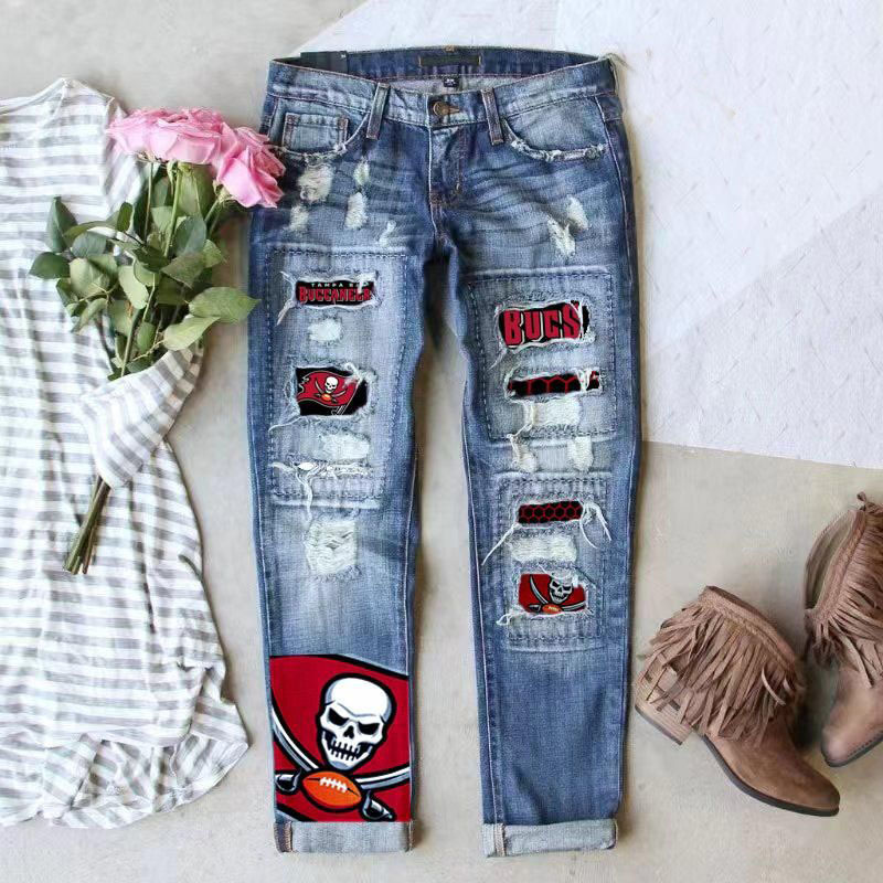 In-Stock New Model Football Team Fan Cross-Border Washed Ripped Straight-Leg Jeans with Cuffed Hems, Fashionable Long Pants In-Stock New Model Football Team Fan Cross-Border Washed Ripped Straight-Leg Jeans with Cuffed Hems, Fashionable Long Pants
