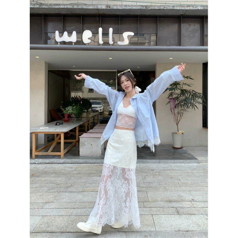 선스크린 캐주얼 세트 여성의 봄 2025 새로운 블루 선 스크린 셔츠 레이스 슬링 힙 원피스 3 피스 세트