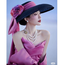复古赫本帽子女黑色法式玫红缎面蝴蝶结大檐帽影楼拍照旅拍大礼帽