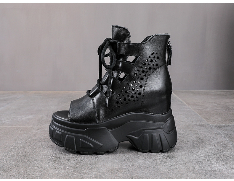 Sandal cao gót nữ da bò thật kiểu La Mã quai buộc hở mũi đế dày 11 cm — màu đen chi tiết 11