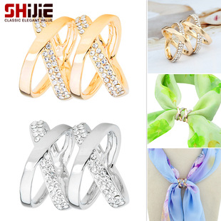 Korean style fashion personality simple flash Diamond hollow geometric double tube silk scarf buckle silk scarf tube corner buckle accessories gift