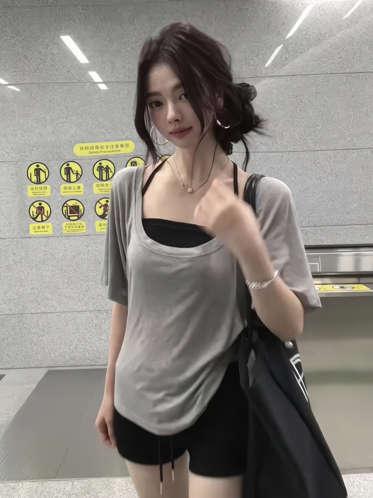 韩系灰色高级感宽松显瘦短袖T恤女夏季纯欲设计感小众别致小上衣