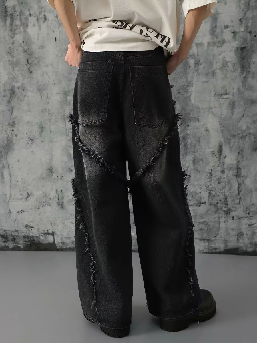 Unisex High Street Vintage Washed Distressed Patchwork Jeans Relaxed Wide Leg Straight Denim Pants for Men And Women_mkmklike.com