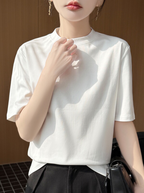 All-Cotton Half-High Collar Versatile Five-Quarter Sleeve Shirt for Women with Back Center Seam, Summer Cotton Mid-Sleeve Top, Inner Layer Base Shirt All-Cotton Half-High Collar Versatile Five-Quarter Sleeve Shirt for Women with Back Center Seam, Summer Cotton Mid-Sleeve Top, Inner Layer Base Shirt
