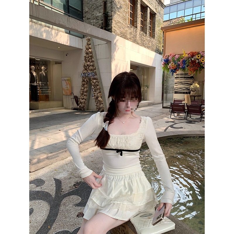 40支260克随心裁1*1 韩系蕾丝花边方领长袖T恤女2025新款秋冬上衣