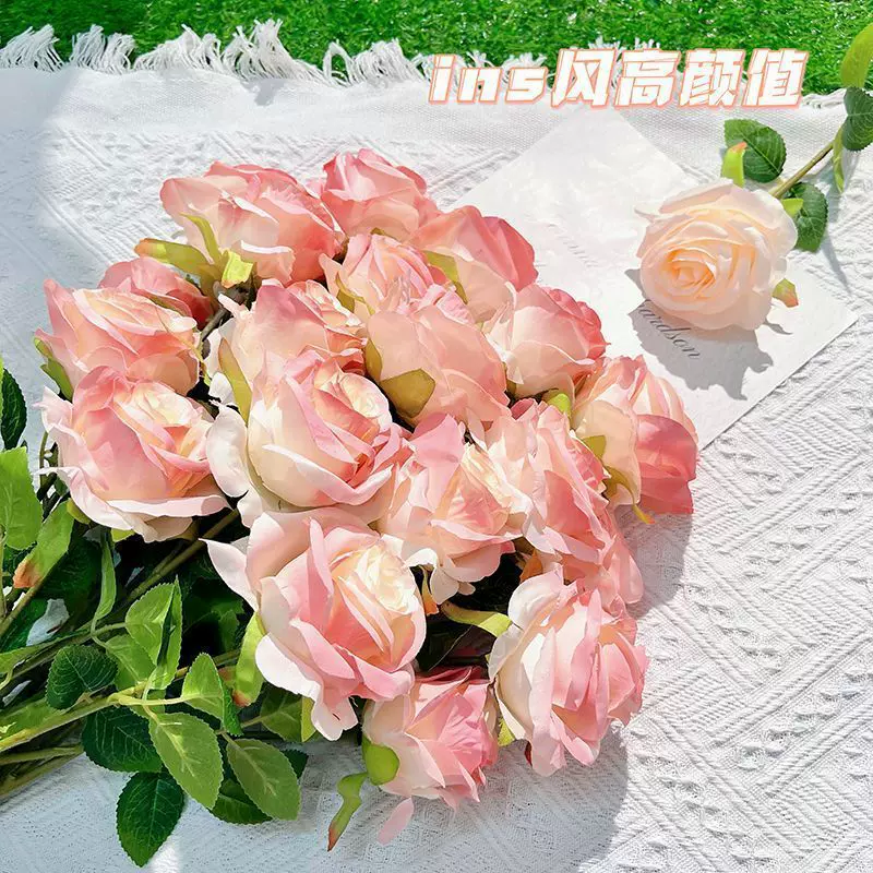 碎冰蓝玫瑰假花摆件婚庆装饰插花ins风高颜值拍照道具仿真玫瑰花