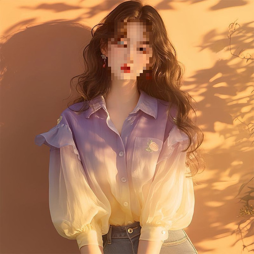 Purple chiffon blouse autumn women's fashion small niche unique bubble sleeve gradient color collision Hongguang