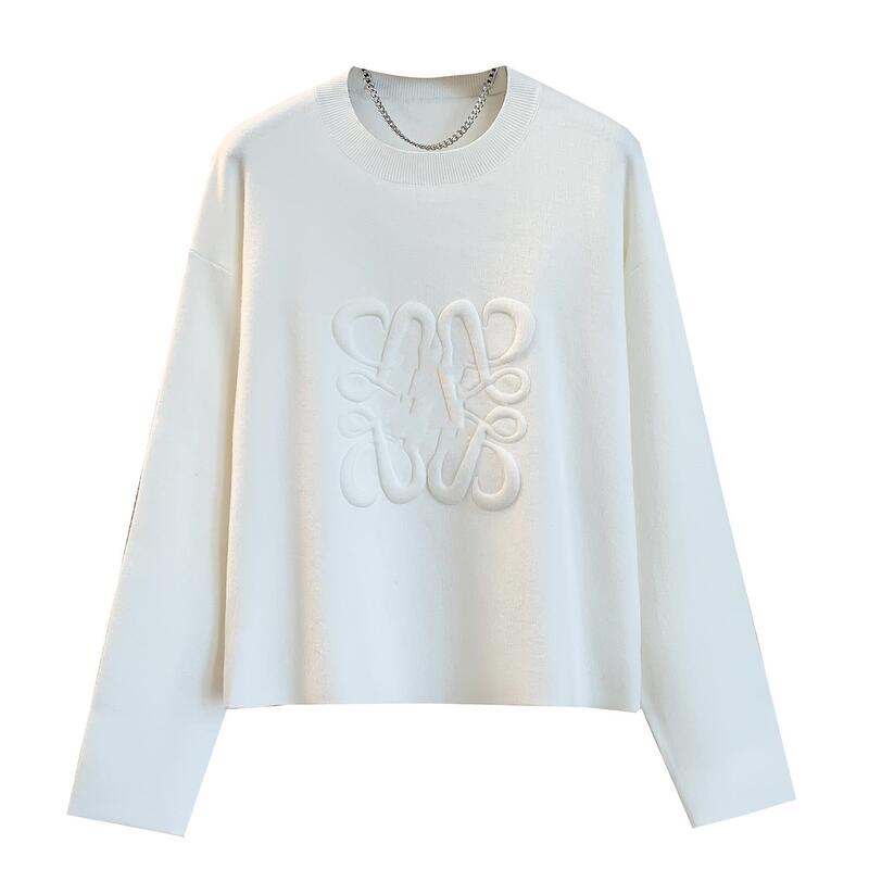 Nanyou Classy Autumn and Winter Long-Sleeved Embossed Lowe's Knitted Round Neck Pullover Wool Top Loose Casual Style for Women