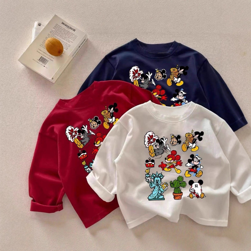 Spring and Autumn Children's Clothing Baby Cartoon Mickey Series Cute Printed Cotton Long-Sleeved Shirts for Middle-Aged and Older Children to Wear Foreign-Style T-Shirts