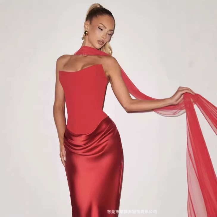 Sdm218 Elegant V-Neck Strapless Satin Patchwork Dress with Scarf, Sexy Long Dress, Formal Gown, Wholesale Export Supply