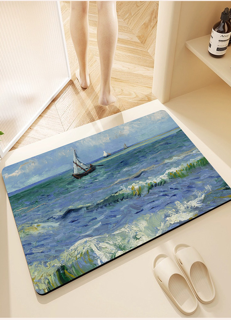 Cross-Border Oil Painting Style Bathroom Floor Mat, Bathroom Sink Absorbent Non-Slip Mat, Toilet Wear-Resistant Diatom Mud Floor Mat
