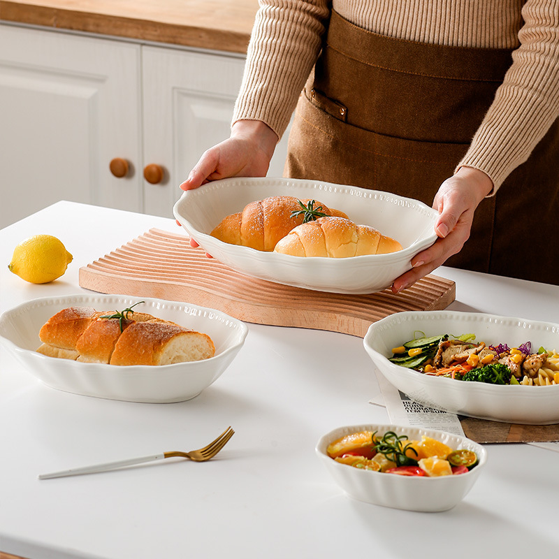 New Nordic Style Pure White Baked Bowl Household Cheese Baked Rice Dish Salad Bowl Large Ceramic Deep Dish for Microwave