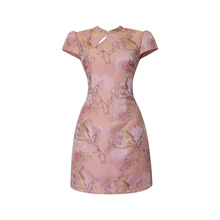 新中式国风粉色花卉小众设计感气质短款旗袍连衣裙