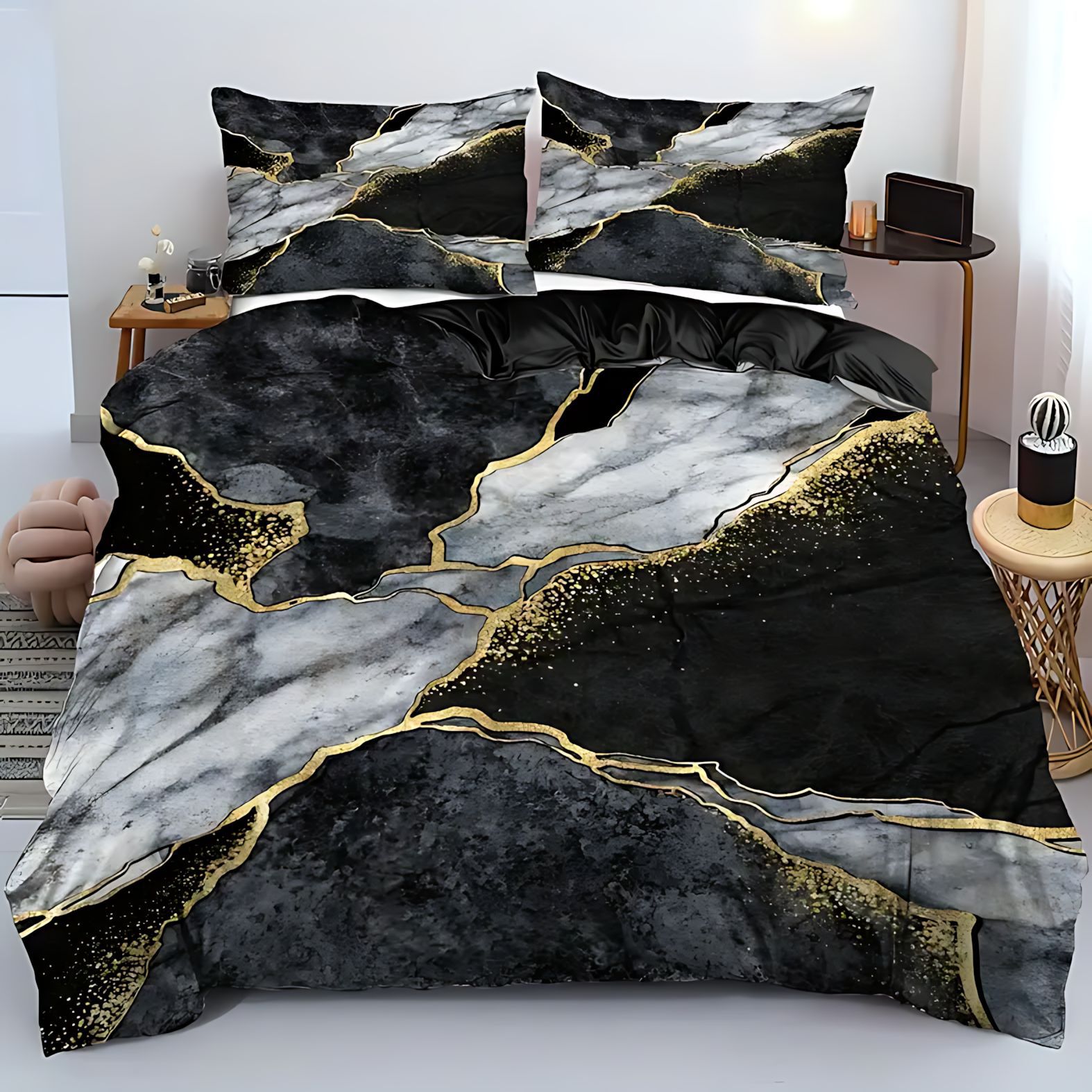 TEMU / JIT transfronterizo clásico de moda texturas de mármol de alta definición impresión digital abrasión colcha de colcha de almohada set