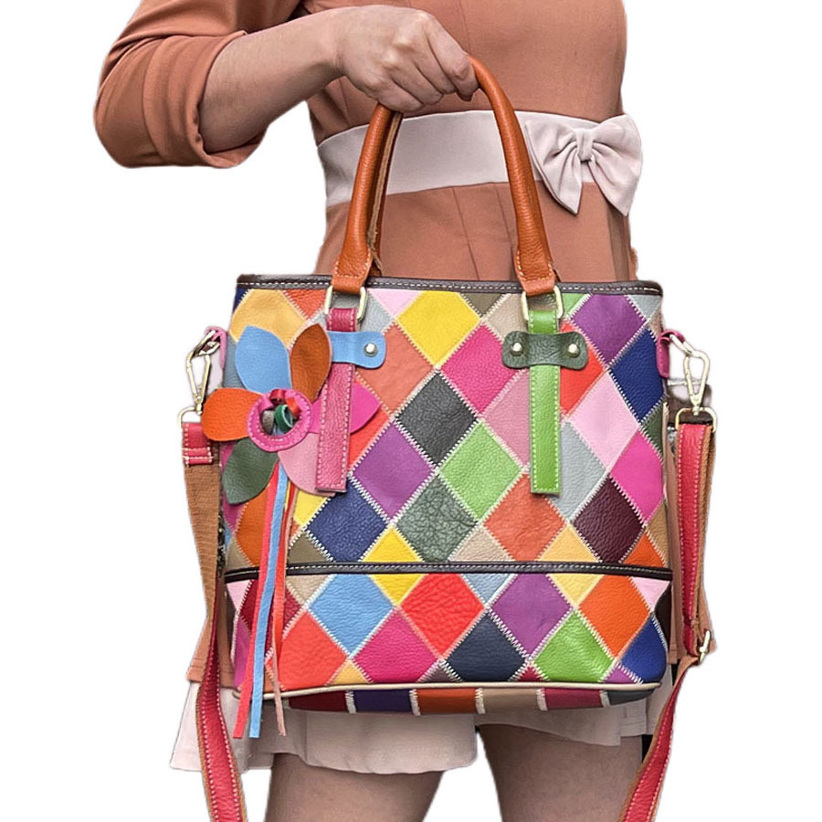 Damen Handtasche Aus Echtleder, Bunte Beuteltasche Mit Muster_voghion.com