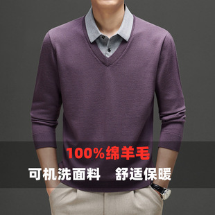 100% Sheep Wool Fake Two-Piece Youth Soft Thickeneded 450g Men's Sweater Warm Casual Puyuan Sweater
