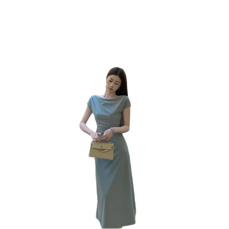 西遇荡领短袖连衣裙女2025年夏季新款法式掐腰褶皱薄款连身长裙|undefined