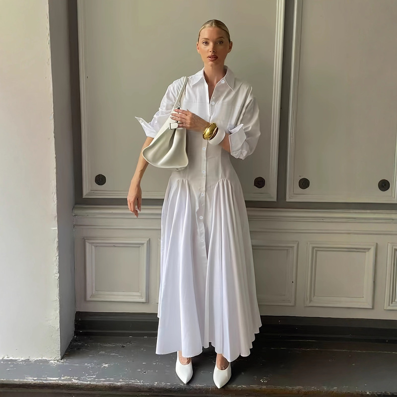 White Polo Collar Long-Sleeved Shirt Dress Autumn and Winter Design Niche French Style