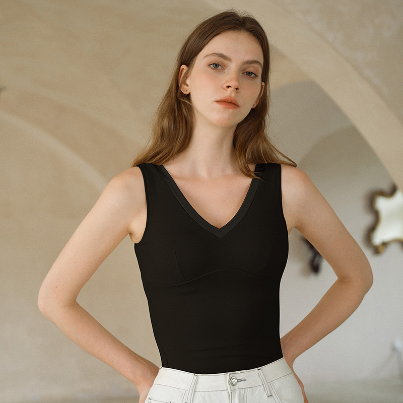 Women's cotton-silk V-neck thermal vest with built-in heating, high-elasticity, skin-friendly, and fixed cup design for autumn wear
