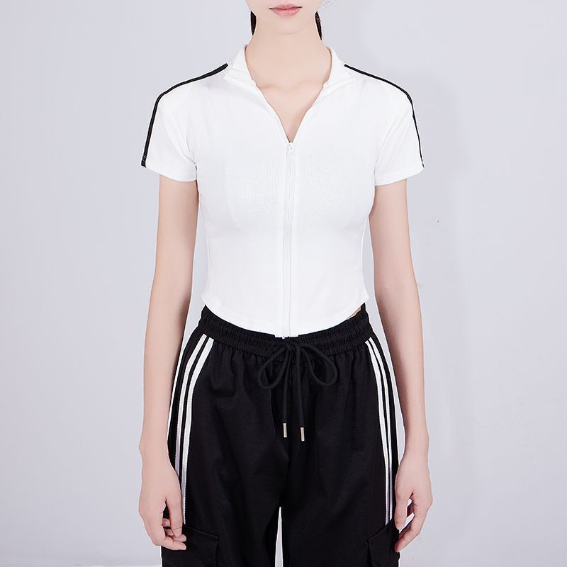 Cross-Border Wholesale Women's Short High-Waisted Sports Running Korean Style Hot Girl Dance T-Shirt with Zipper Short-Sleeve Top Cross-Border Wholesale Women's Short High-Waisted Sports Running Korean Style Hot Girl Dance T-Shirt with Zipper Short-Sleeve Top