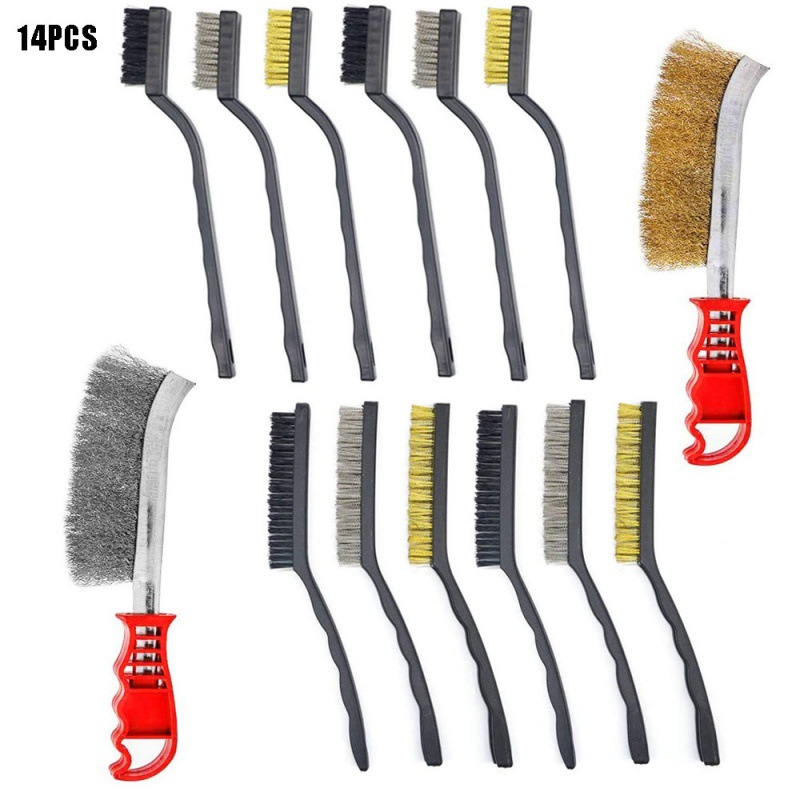 14件套钢丝刷套件，不锈钢黄铜尼龙刷，用于清洁铁锈和金属
