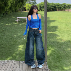 【今茵】街头慵懒时尚美式复古宽松阔腿弯刀裤百搭垂感牛仔裤子潮