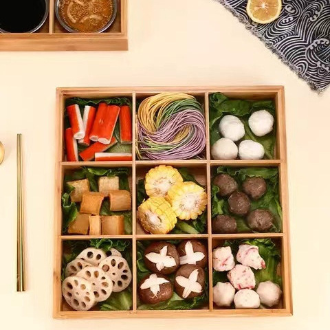 Bambú madera jiugongge bandeja vajilla olla caliente ingredientes lado plato caja celosía 9 Palacio rejilla plato cena plato