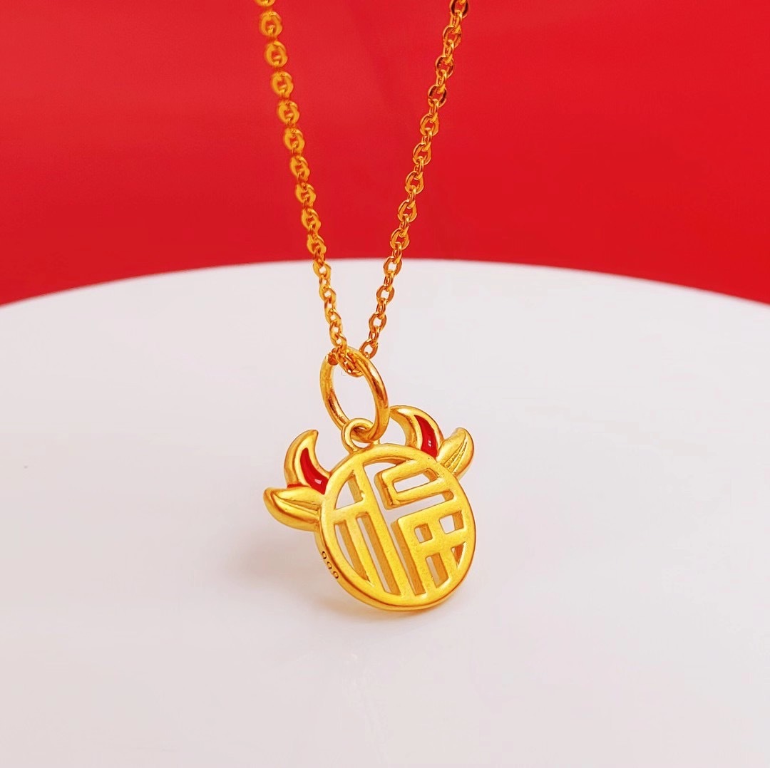 2021 Fu Niu Lunar New Year Drip glue Paint Hollow Blessing Pendant Written words Shakin Necklace factory Manufactor wholesale