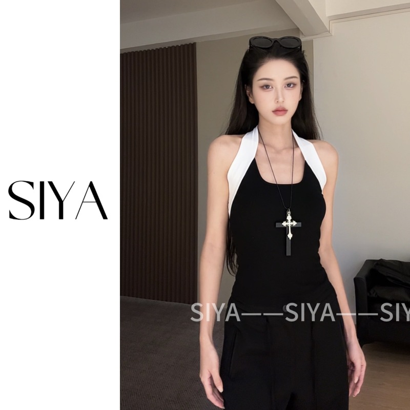 【SIYA】复古辣妹撞色挂脖拼接吊带背心2025夏季新款U领修身上衣|undefined