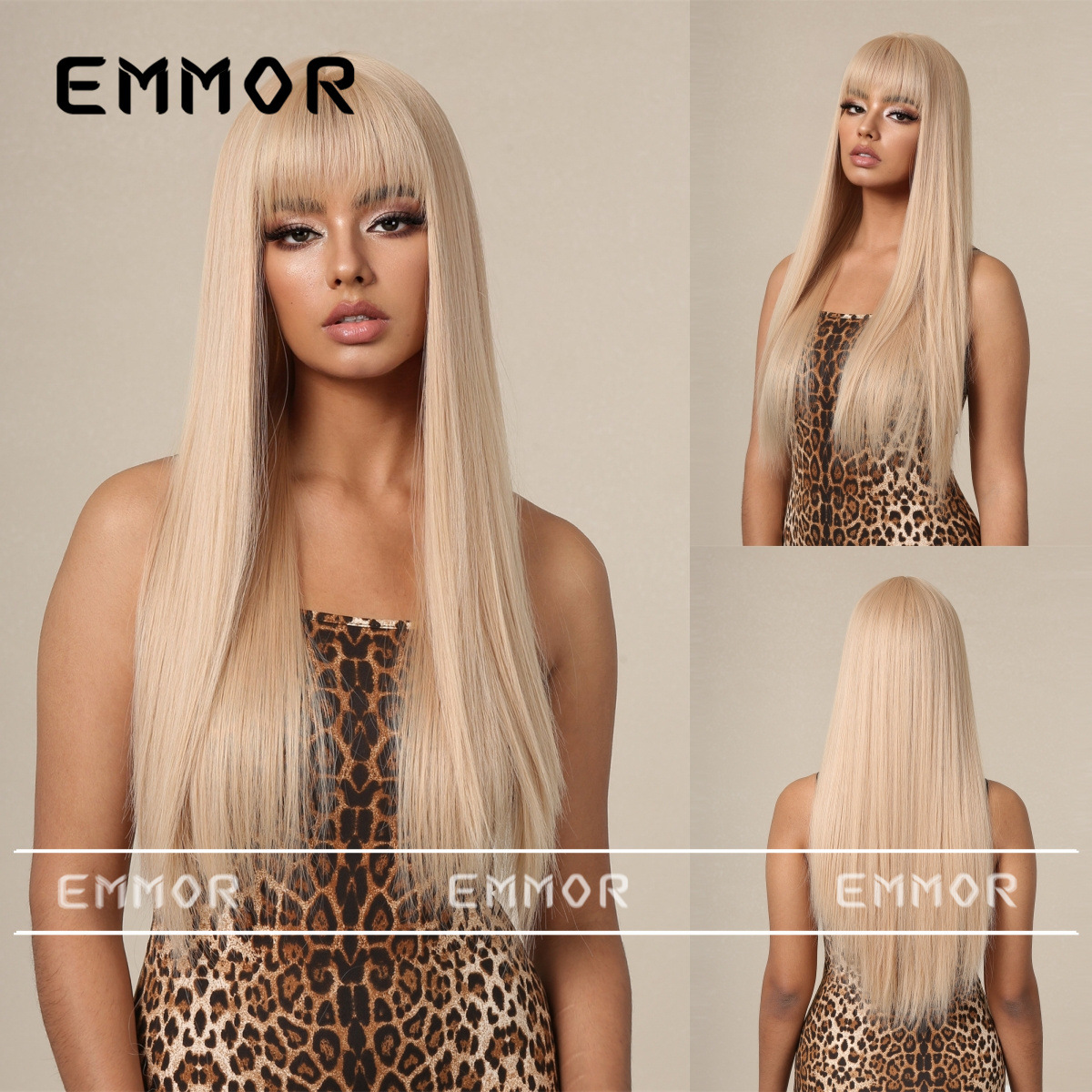 Nuevo producto de estilo europeo y americano, flequillo completo, cabello largo y liso color champán, peluca elegante de diosa, fibra sintética para toda la cabeza.