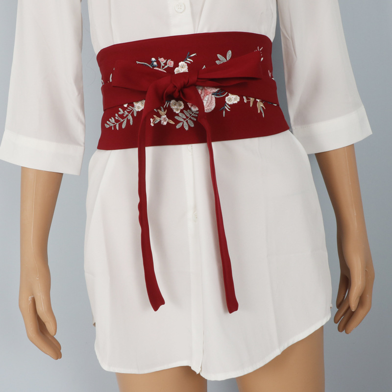 复古中国风花朵刺绣布料系带宽腰封女士配汉服和服束腰时髦腰带