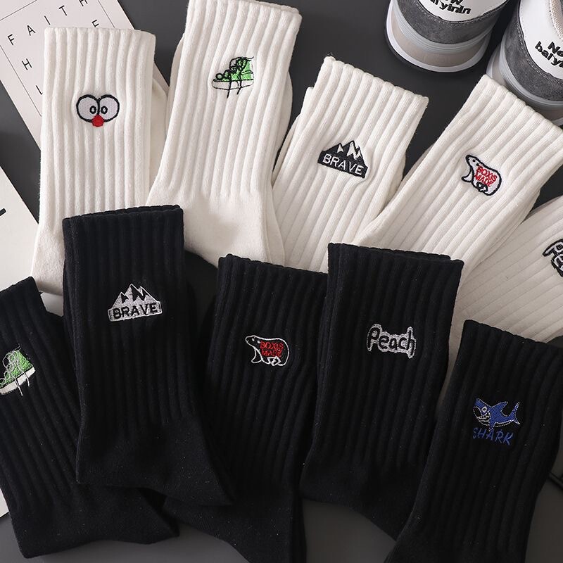 Socks Men's Pure Cotton Mid-barrel Sports Socks Autumn and Winter Fashionable Embroidered Spring and Autumn Running Anti-beriberi Deodorant Socks