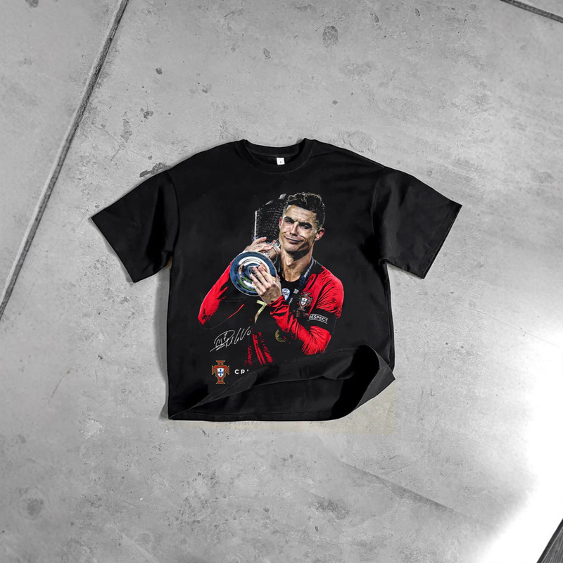 American Retro Short-Sleeved Football Star Ronaldo Washed Long and Short-Sleeved Men's Pure Cotton Heavy Sweatshirt High Street Small Neckline