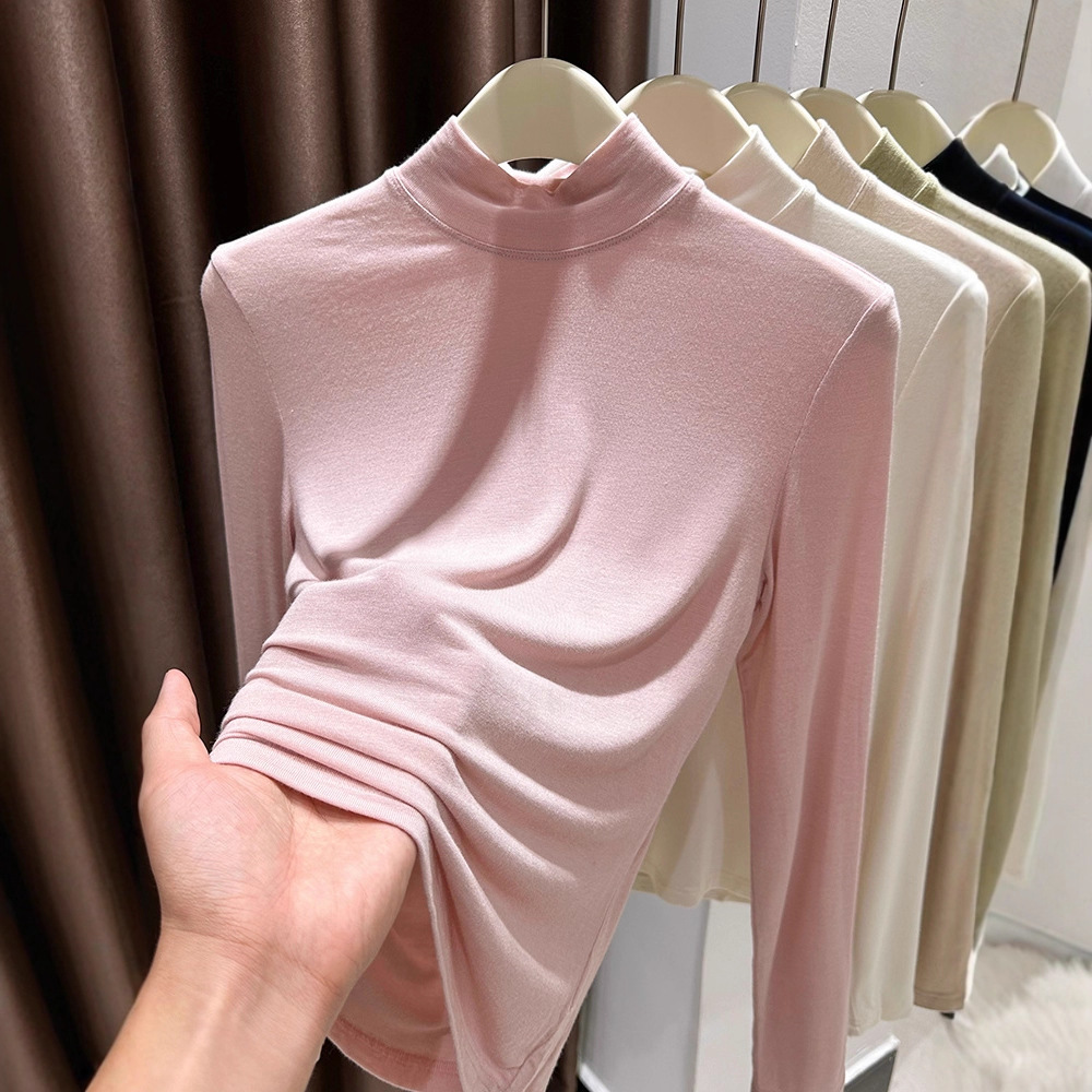 Spliced ​​Half Turtleneck Pink Super Elastic Skin Top for Women Autumn and Winter New Modal Bottoming Shirt Thin Inner T-Shirt