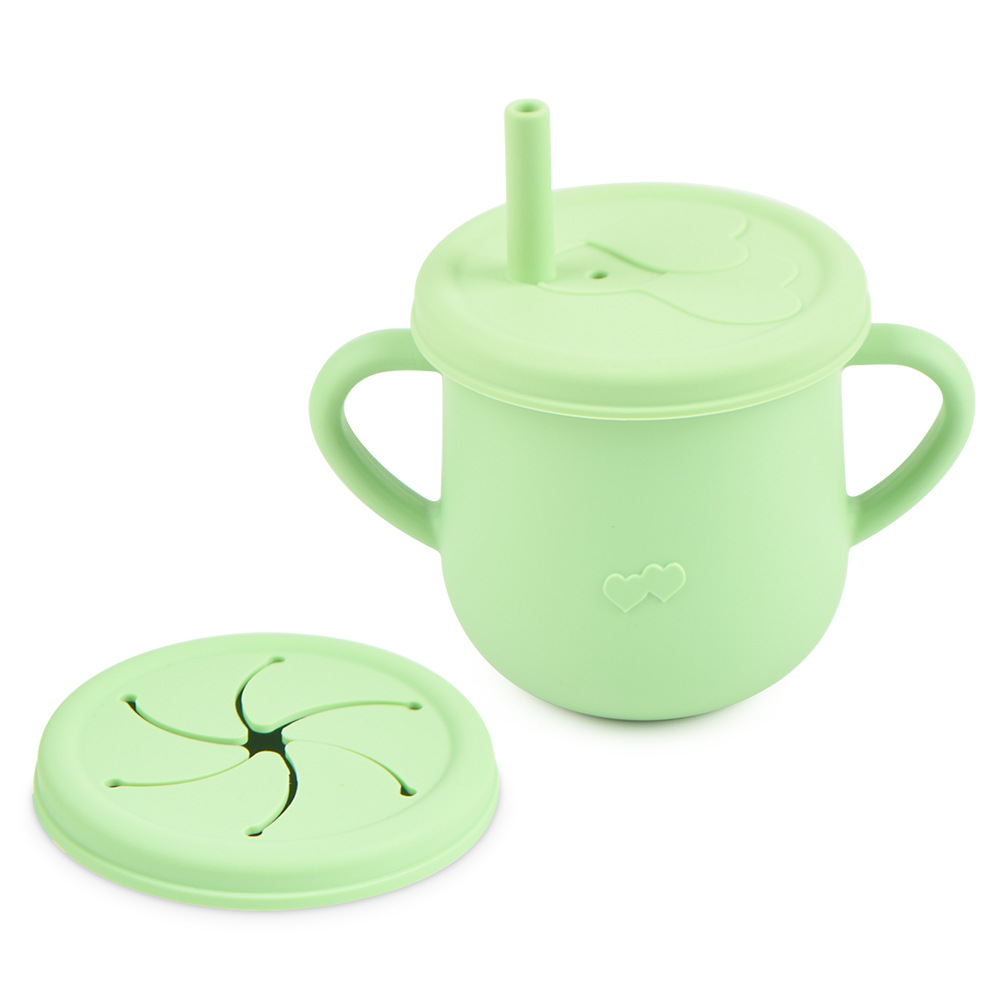Silicona de grado alimenticio para niños snack Cup mango binaural portátil resistente a la caída con taza de paja de bebé taza de bebida de silicona