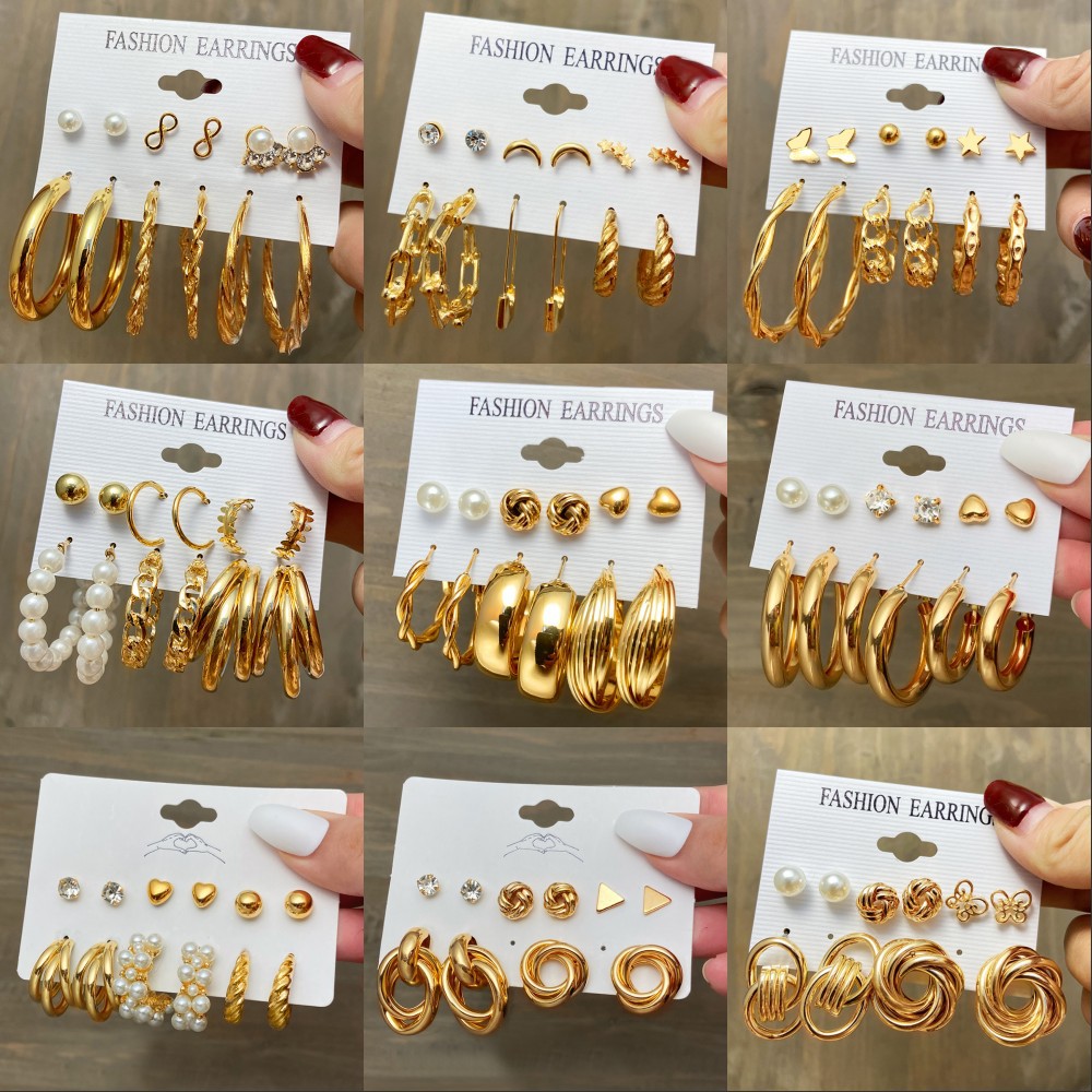 复古珍珠耳环套装金属金色耳环心形蝴蝶耳环几何时尚饰品Earrings