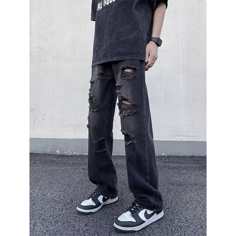 American Vibe Retro Black Straight Ripped Jeans Slim Fit Cool Niche Frayed Vintage Design Men's Pants