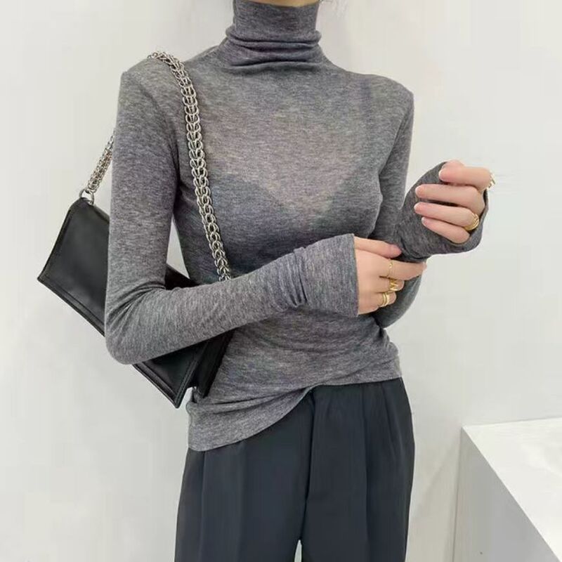 European Spring and Autumn New pile high collar long-sleeved T-shirt Women's Western style undershirt black tight top European Spring and Autumn New pile high collar long-sleeved T-shirt Women's Western style undershirt black tight top