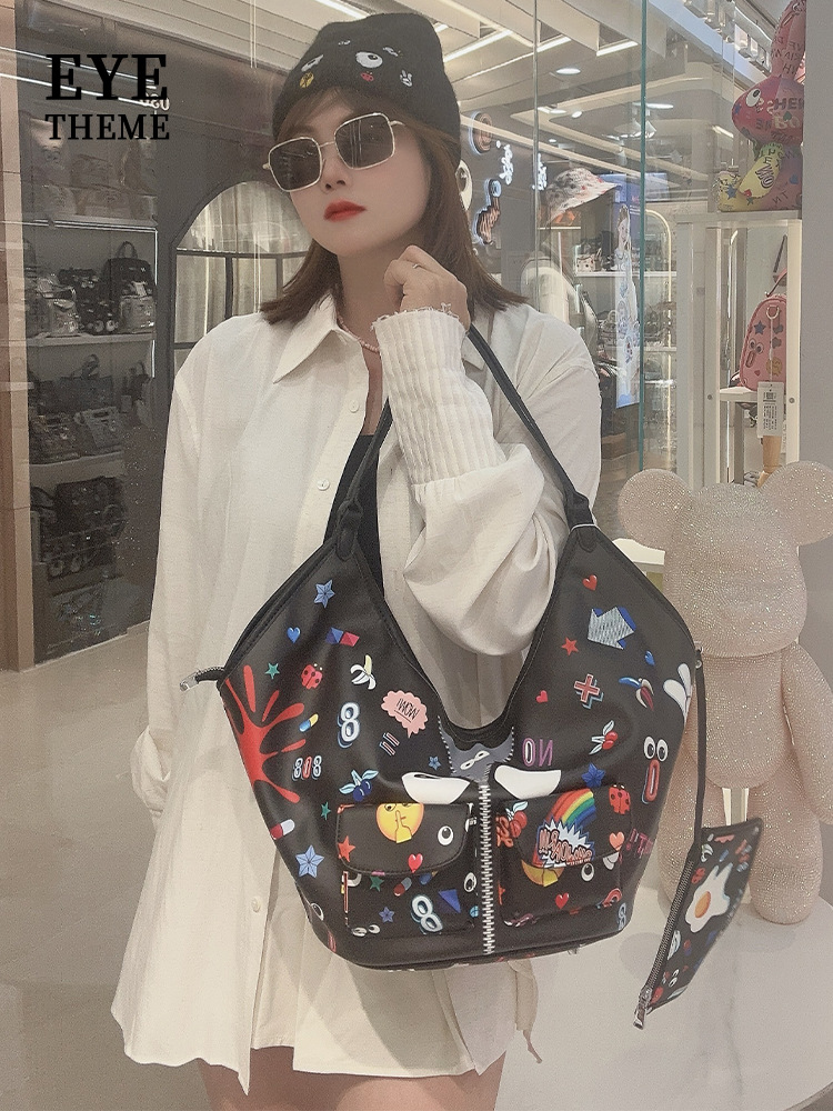 Casual damas impresión portátil bolsas de brazo de la moda de la calle para jugar con cremallera PU graffiti bolsa de almacenamiento 2697 #