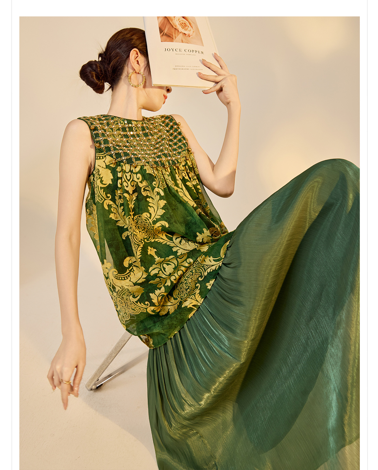 Đầm maxi nữ phong cách Trung Hoa mới, tay không, đính cườm lụa, dáng thắt eo N6041 — màu vàng, xanh lá cây chi tiết 7