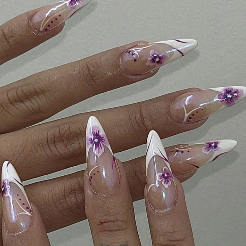Brilliant mature purple flowers cross-border wearing armour almond nail patch removable finished wholesale