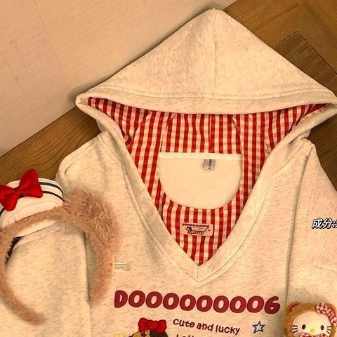 日系学院风刺绣腊肠狗V领连帽卫衣格纹挂脖内搭两件套女春秋宽松|undefined
