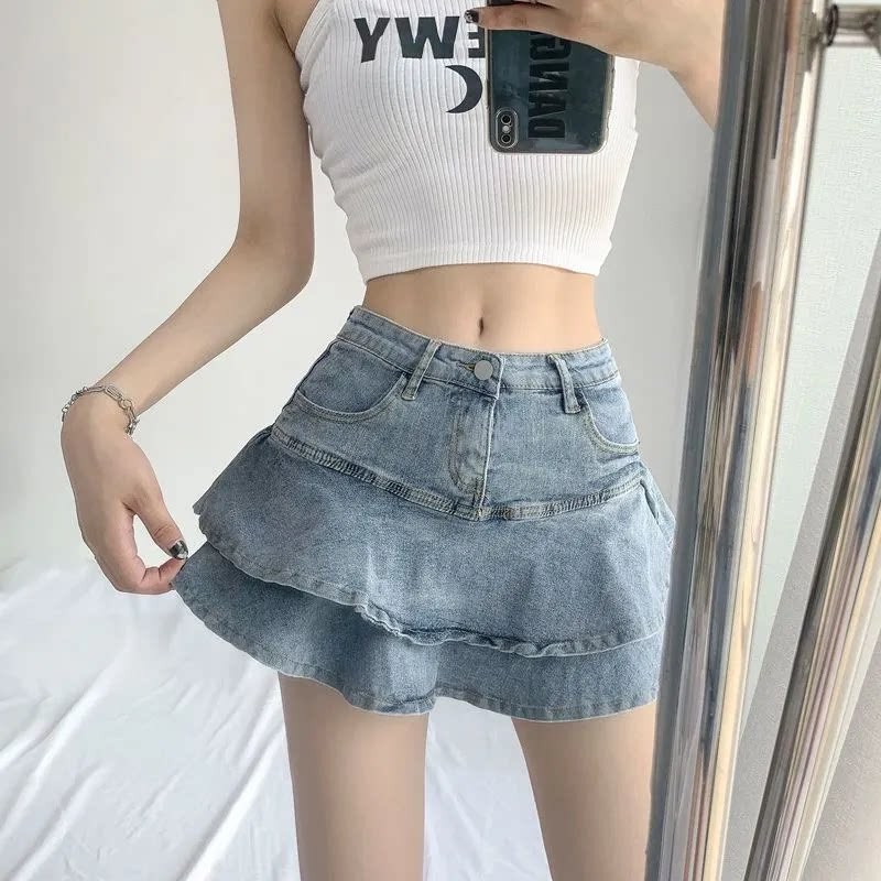 American Style Hot Girl Denim Skirt Women's Lining Design High Waist Slimming American Style A- Line Ruffled Hip Skirt for Summer