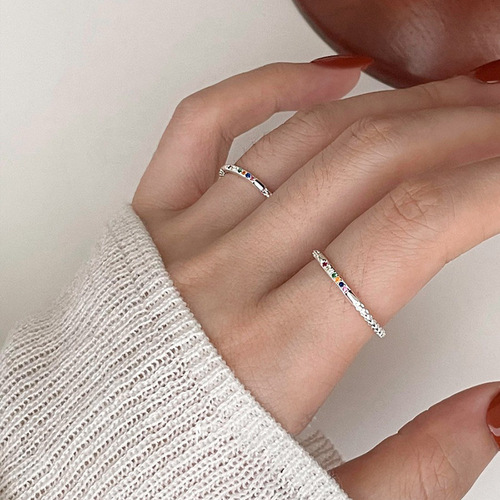 细圈叠戴彩色锆石戒指女个性气质简约冷淡风S925银开口指环食指戒