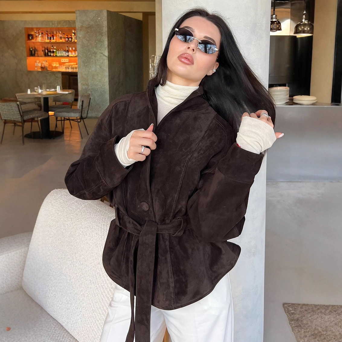 Autumn and Winter Maillard Retro Suede Waist Short Jacket Korean Style High-End Light Mature Windproof Leather Jacket for Women Cross-Border