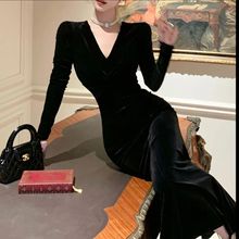 法式气质小香风黑色丝绒连衣裙女春秋冬内搭性感礼服包臀裙子