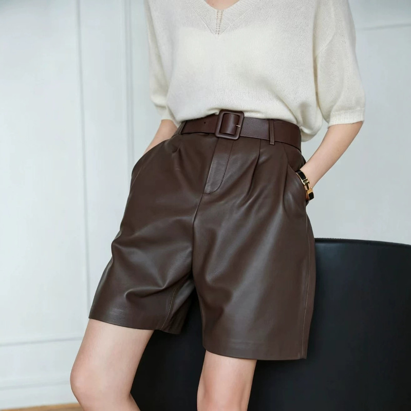 Genuine leather pants ~ 2024 spring new ~ sheepskin belt casual wide leg pants Joker suit pants Bermuda shorts Genuine leather pants ~ 2024 spring new ~ sheepskin belt casual wide leg pants Joker suit pants Bermuda shorts