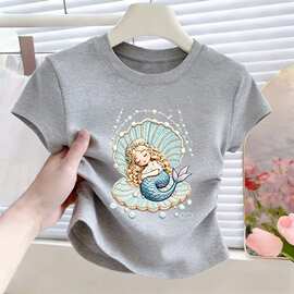 外贸批发韩系修身卡通图案女童洋气短袖衣服夏季时尚宝宝上衣T恤